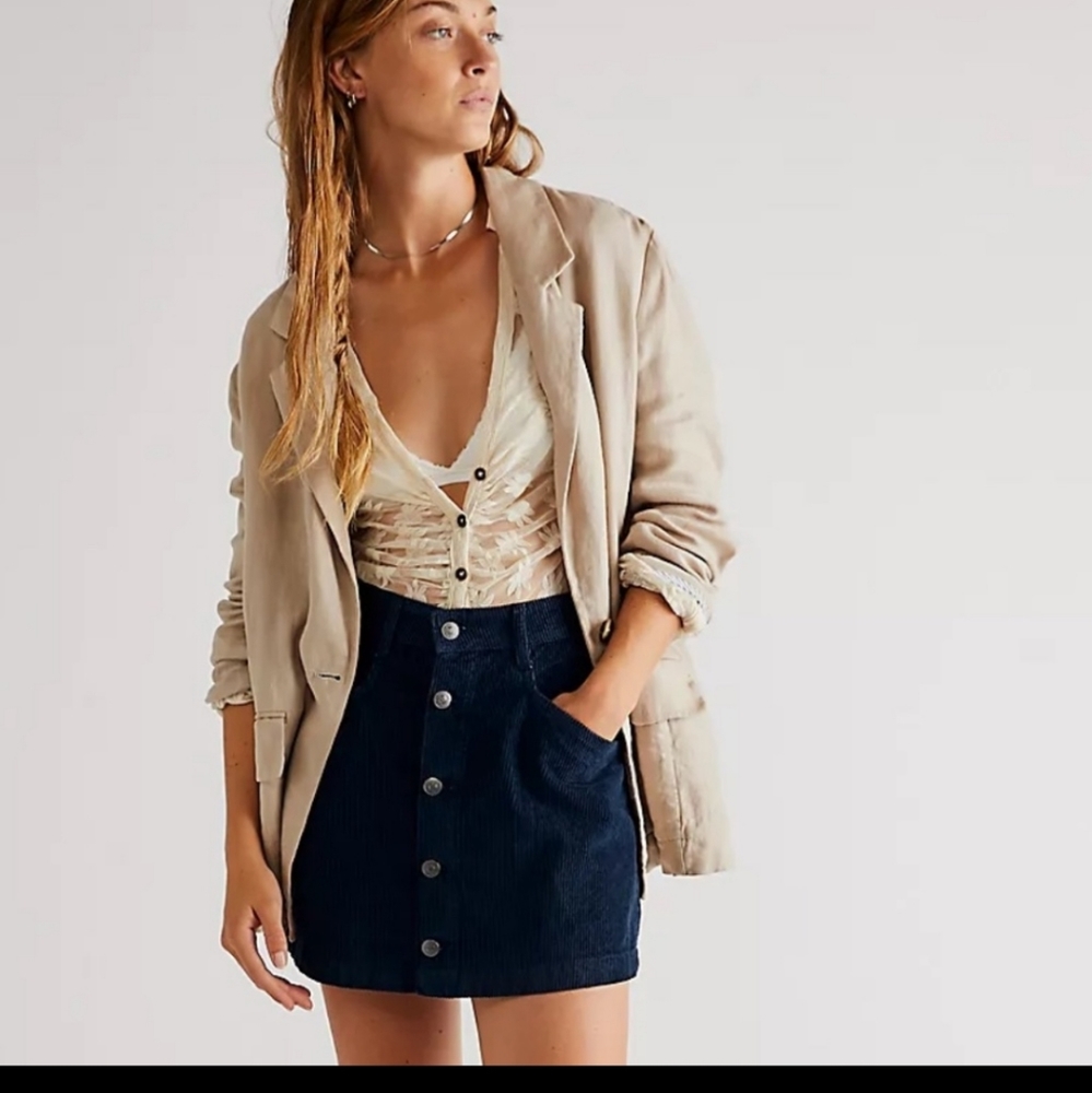 NWT Free People Ray Cord Mini Skirt corduroy ebony black button up